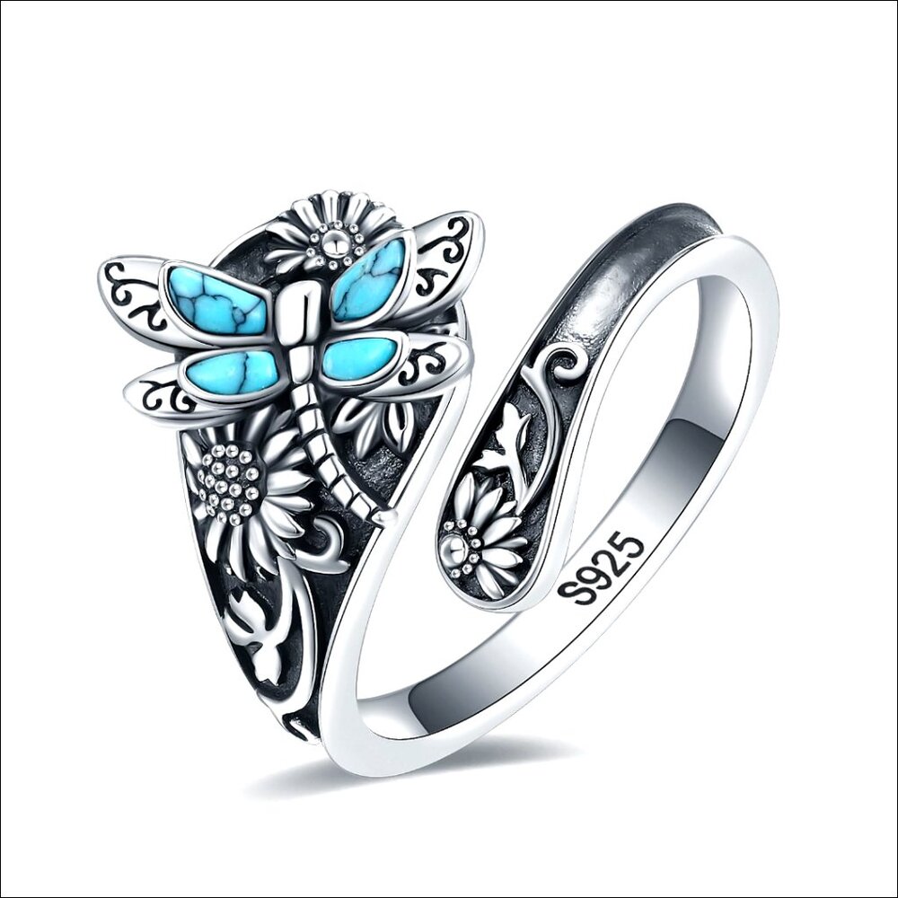 Adjustable Sterling Silver Turquoise Dragonfly Statement Ring Size 7